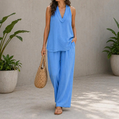 Bohemian Two-Piece Set - Ideal for Beach, Vacation, and Brunch - Sleeveless Top with Wide Leg Pants