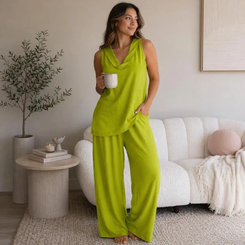 Bohemian Two-Piece Set - Ideal for Beach, Vacation, and Brunch - Sleeveless Top with Wide Leg Pants