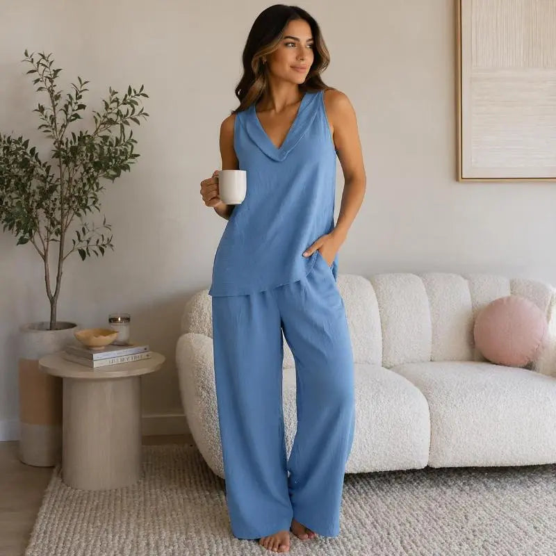 Bohemian Two-Piece Set - Ideal for Beach, Vacation, and Brunch - Sleeveless Top with Wide Leg Pants